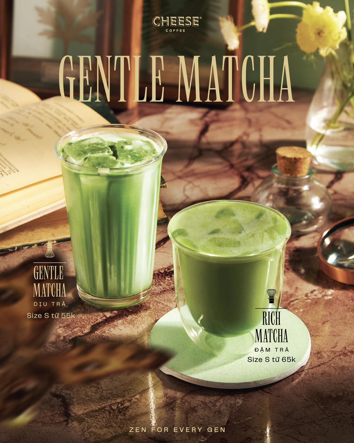 Gentle Matcha Latte và Rich Matcha Latte năm trong BST menu Cheese Coffee mùa hè 2025.