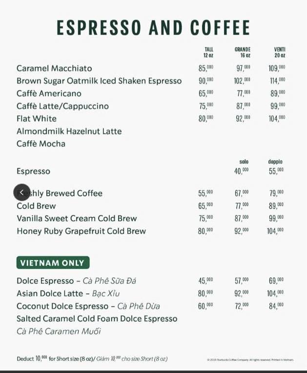 Menu Starbucks tại An Giang có phiên bản Việt hóa phản ánh chiến lược bản địa hóa của chuỗi F&B